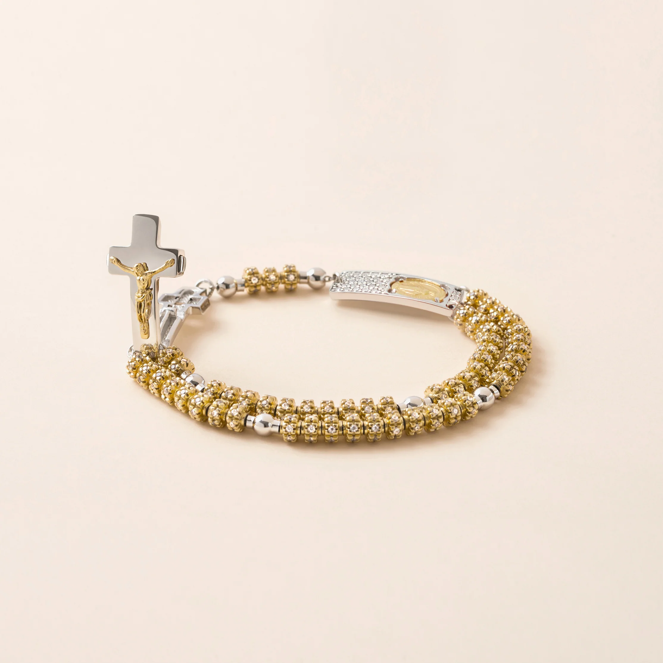 ROSALET® FULLY PAVE GOLD BEADS , STERLING SILVER & ROUND PATER, ROSARY CENTER WITH ZIRCON PAVE, TRADITIONAL - Image 3