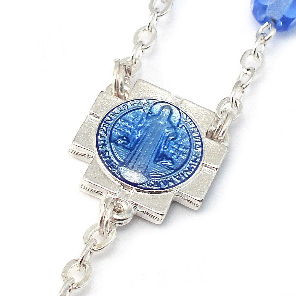 Saint Benedict Blue Enamel Rosary with Faceted Bohemian Glass Beads - Image 4