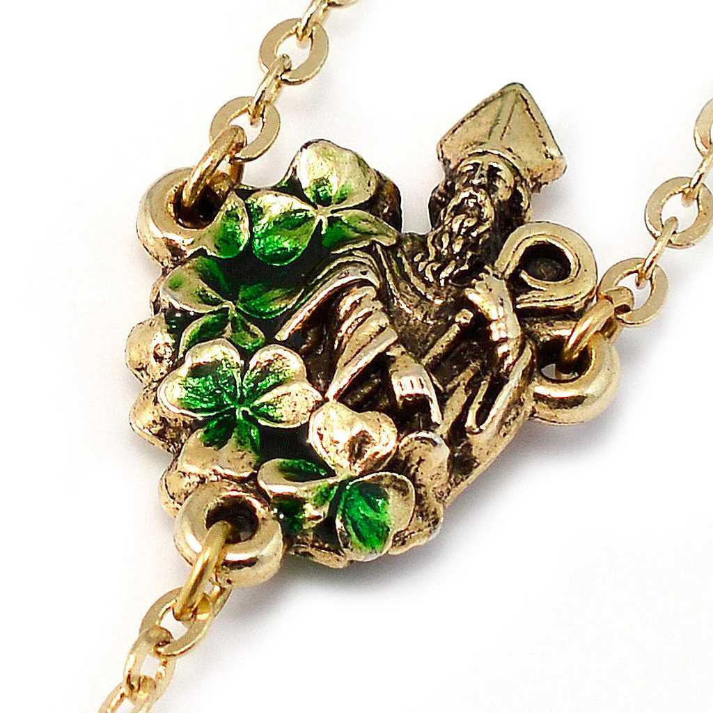 Saint Patrick Green Enamel, Faceted Glass & Gold Rosary - Image 4